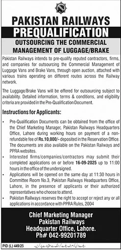 Pakistan Railways Lahore Tender Notice